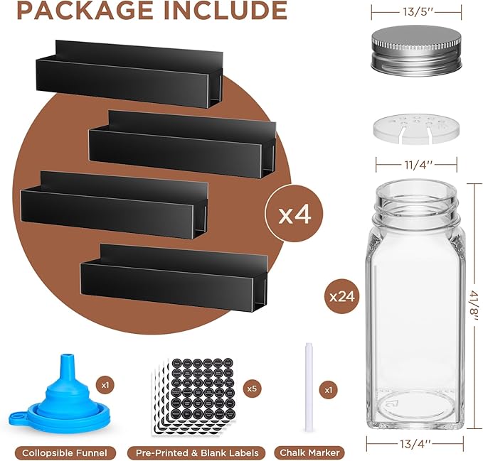 4 Pack Magnetic Spice Rack with 24 Spice Jars, Spice Labels, Chalk Marker and Funnel Set, Magnetic Spice Organizer Shelf for Refrigerator, Microwave, Seasoning Organizer for Kitchen