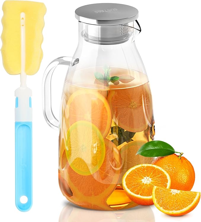 SUSTEAS 3 Liter 101 oz Glass Pitcher with Lid and Nozzle, Cold/Hot Water Glass Water Bottle, Ice Tea Water Jar for Refrigerator, Large Water Jar for Juice, Milk, Coffee or Homemade Drinks,Vase
