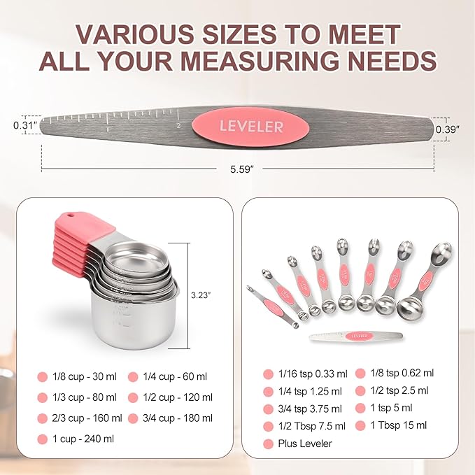 16-Piece Stainless Steel Measuring Cups and Spoons Set, Strong Magnetic Nesting Design 7 Cups 8 Spoons with Leveler, Double Measurement Markings for Dry & Liquid Ingredients, Pink
