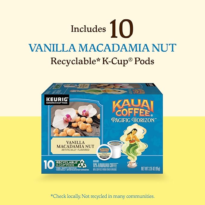 Kauai Coffee K-Cup Pods for Keurig Brewers – Arabica Coffee, 10% Hawaiian – Medium Roast, Vanilla Beans with Toasted Macabamia Nuts – Vanilla Macadamia Nut, 1 Pack of 10 Single Serve K-Cups