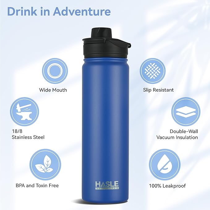 HASLE OUTFITTERS Insulated Water Bottle 22 oz Double Wall Stainless Steel Water Bottle Wide Mouth with Straw Lid & Spout Lid Keeps Cold or Hot(Royal Blue,1)
