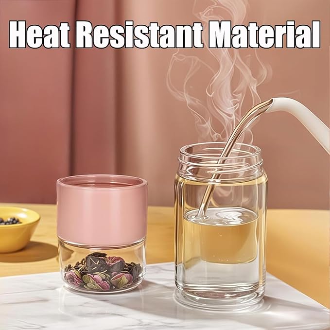 Tryteava Glass Infuser, Tryteava 3-in-1 Smart Tea Infuser, Portable Glass Double Wall Tea Infusers Bottle, with Stainless Steel Filter, Hot & Cold Brew, For Loose Leaf, Office Home (Pink, 420ml)