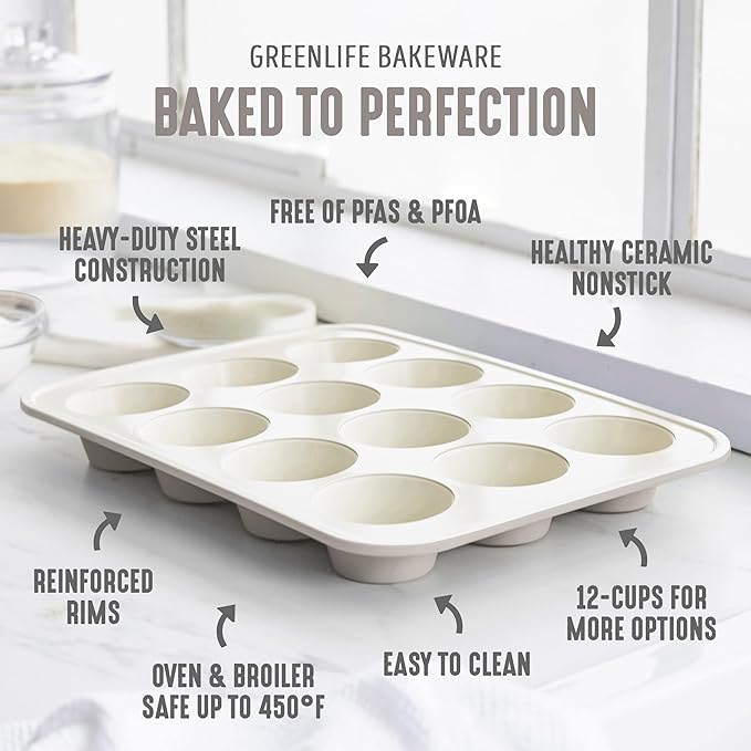 GreenLife 12-Cup Muffin Pan, Healthy Ceramic Nonstick Bakeware, PFOA & PFAS-Free Cupcake Tray, Durable Baking Pan, Versatile Kitchen Essential, Easy Clean Muffin Mold, Nonstick Baking Sheet, Taupe