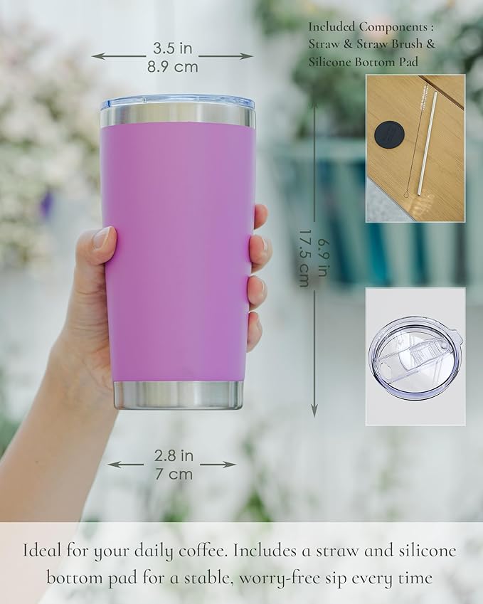Travel Coffee Tumbler 20oz, 1 Pack Leakproof Travel Coffee Mug with Lid and Straw, Stainless Steel Double Wall Vacuum Insulated Tumbler for Hot/Iced Drinks (Textured Matte, Lilac Pink)