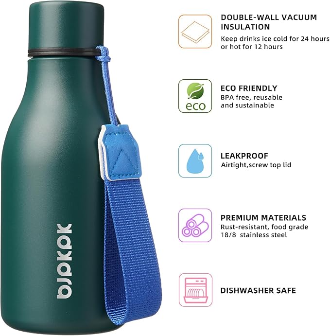 BJPKPK Insulated Water Bottles, 12oz Stainless Steel Metal Water Bottle with Strap, BPA Free Leak Proof Thermos, Mugs, Flasks, Reusable Water Bottle for Sports & Travel, Army Green