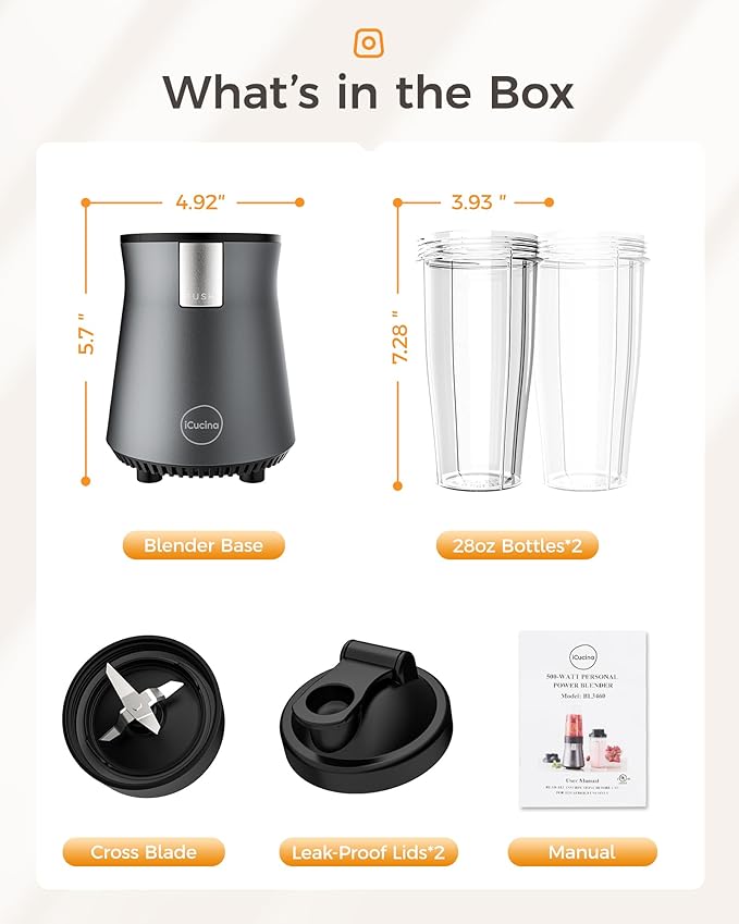 iCucina Smoothie Blender, Personal Blender for Shakes and Smoothies, 500W Pulse Technology Single Serve Blenders with 2 x 28oz Protable Cups for Ice Crush, Frozen Fruit Drinks
