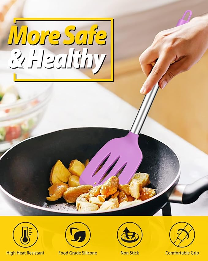 Pack of 4 Silicone Cooking Utensils Set, Non Stick Large Solid Spatulas, Heat Resistant Purple Slotted Spoons, Ideal BPA Free Kitchen Turners for Frying, Mixing,Serving,Draining,Turning,Stirring