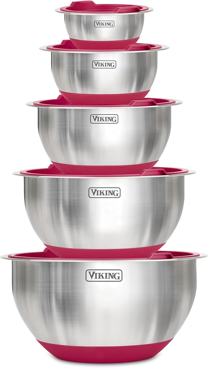 Viking Mixing Bowls Set, 10 Piece Stainless Steel Kitchen Cookware, Non-Slip Silicone Base, Includes Tight Fit Lids, Dishwasher Safe, Red