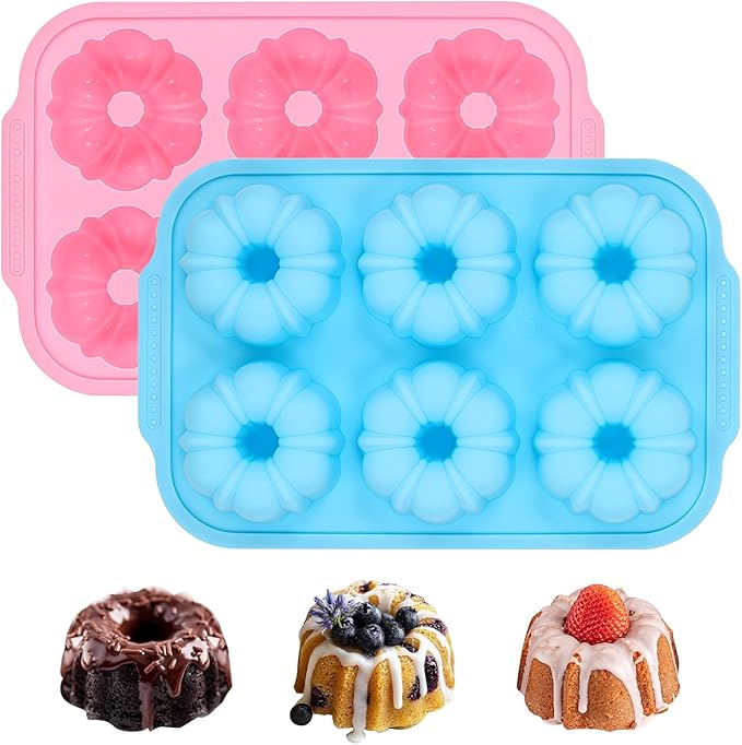 Mini Bundt Cake Pans for Baking, 2Pcs Silicone 6-Cavity Fluted Tube Cake Pan with Metal Reinforced Frame, Nonstick Baking Molds for Cupcake, Brownie, Donuts, Cornbread, Jello