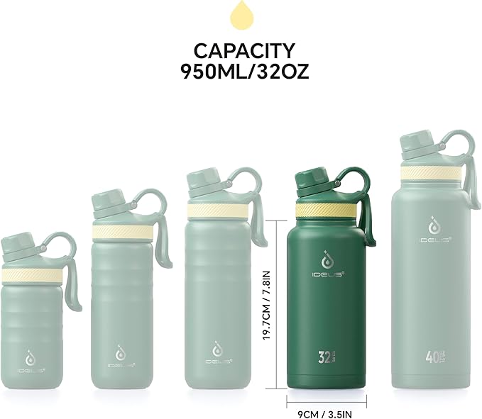 IDEUS Insulated Stainless Steel Water Bottle with 2 Leak-Proof Lids, Thermal Water Flask for Hiking Biking, 32oz, Green