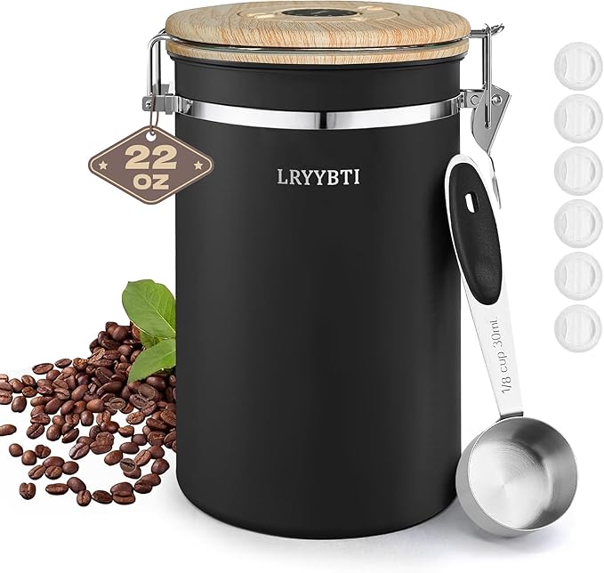 Airtight Coffee Canister,Stainless Steel Coffee Bean Storage Container with Scoop Date Tracker & CO2 Release Valve for Beans, Grounds and more- Black