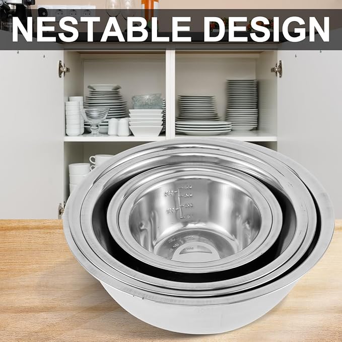 Nesting Mixing Bowl Set, 10 Pack Stainless Steel Bowls with Scale Marks, Baking Bowls Mixing Set for Kitchen Food Space Saving Storage, Cooking, Baking.