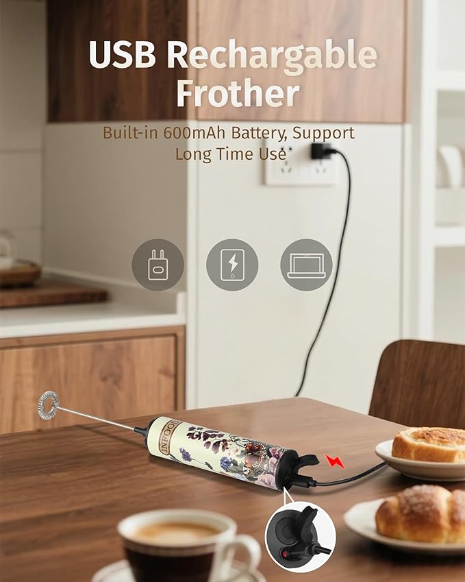 Milk Frother Rechargeable with Cover - Coffee Frother Wand, Drink Mixer Handheld with 2 Detachable Stainless Whisks 2 Speed Adjustable for Latte, Cappuccino, Hot Chocolate, Egg, Vintage Floral