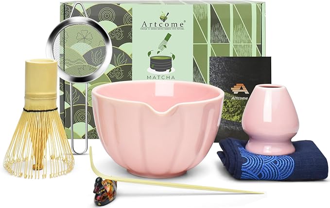 Artcome 7 Pcs Japanese Matcha Tea Set - Matcha Bowl with Pouring Spout, Matcha Whisk, Tea Scoop, Whisk Holder, Handmade Matcha Ceremony Kit For Japanese Tea Ceremony, Rose