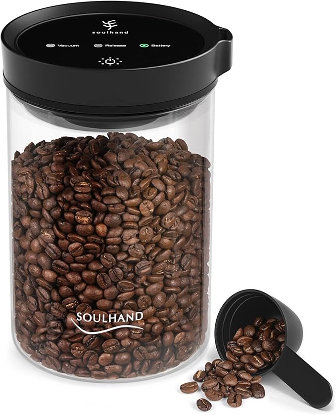 SOUL HAND Vacuum Coffee Canister Automatic Airtight Coffee Containers & Food Storage, Glass Coffee Jar with Spoon, Touch Screen Coffee Storage Container for Coffee Beans/Sugar/Nuts 1.6 L