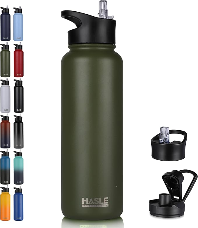 HASLE OUTFITTERS 40oz Stainless Steel Water Bottle, Vacuum Insulated Double Walled Leak Proof Sports Water Bottle with 2 Lids (Straw and Spout Lid) Thermo Mug Keep Cold and Hot(Army Green,1)