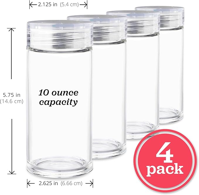 Glass Water Bottles - 4 Pack Wide Mouth Juice Bottles with Clear Lids for Juicing, Smoothies, Fruit Water, Teas, Beverage Storage - 10oz, Leakproof, Reusable, Borosilicate