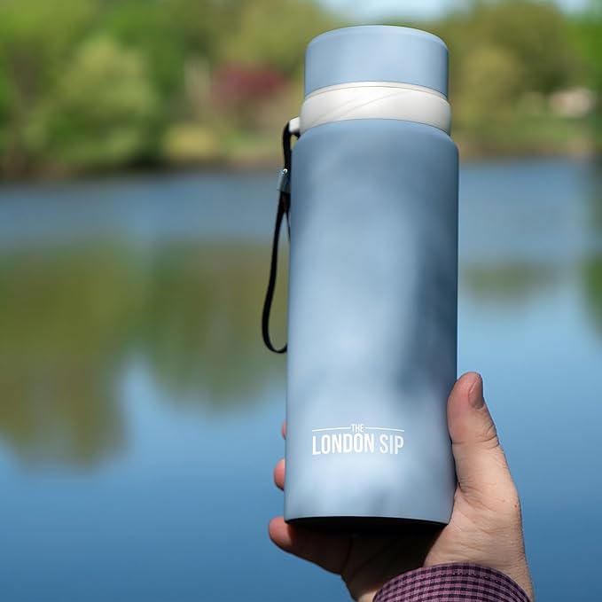 London Sip 25 oz Multi-Purpose Tea Infuser Mug – Fruit Infuser Water Bottle for Hot and Cold – Double Wall Stainless Steel Insulated, Blue Sunrise