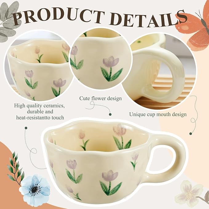 Vesici 2 Pcs Ceramic Coffee Mugs Flower Cups with Spoon Vintage Floral Mugs with Handle 8.5 oz Aesthetic Tea Porcelain Cup Gift for Valentine Office Home, Dishwasher and Microwave Safe(Charming)