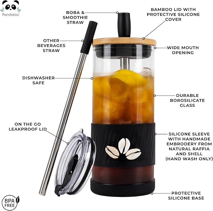 Pandaloo® Glass Cups With Lids and Straws -20 Fl Oz- Hand Made cool shell-raffia detail- Perfect Size Iced Coffee Cup - Smoothie Cup - BPA Free - (Mogador Vibe, 1 Count (Pack of 1))
