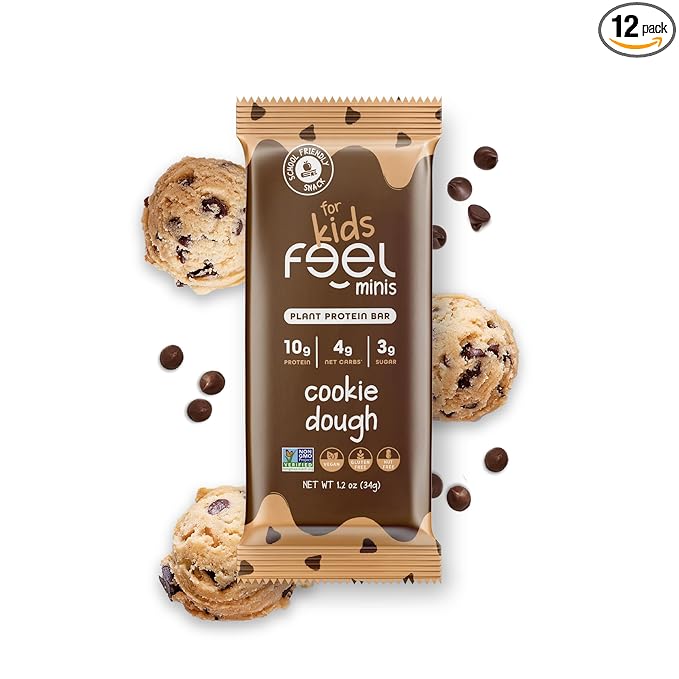 Feel Bar Minis – Kids Protein Bars | Cookie Dough – 12 Pack | 10g Plant Protein | 100 Calories | No Added Sugar | + Daily Veggies | Gluten Free, No Nuts, No Soy, No Dairy, No Grains