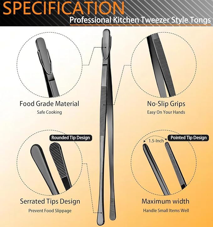JETKONG 3 Pcs Kitchen Tweezers Tongs, Stainless Steel Cooking Tweezers, 8+10+12 Inch Ideal for meat, pasta, plating and pinching delicate small pieces of food (Black)