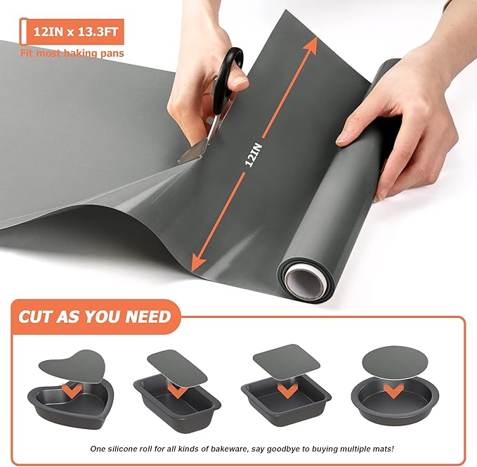 Silicone Baking Mat Roll - Best German Silicone - Non-slip Silicone Pastry Mat, Non-Stick Reusable Air Fryer Linner, Counter Mat, Oven Liner, Freeze Dryer Mat - 12IN x 13.3FT