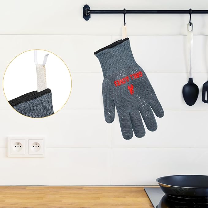 QUWIN BBQ Gloves, Oven Gloves 1472℉ Extreme Heat Resistant, Grilling Gloves Silicone Non-Slip Oven Mitts, Kitchen Gloves for BBQ, Grilling, Cooking, Baking-1 Pair… (Grey, One Size Fits Most)