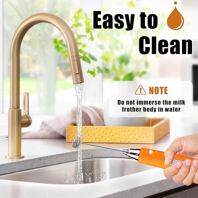 Nahida Orange Milk Frother Wand for Coffee, Frother Handheld Rechargeable Electric Whisk with 3 Heads 3 Speeds Drink Mixer Coffee Frother Foam Maker For Latte, Cappuccino, Hot Chocolate, Egg