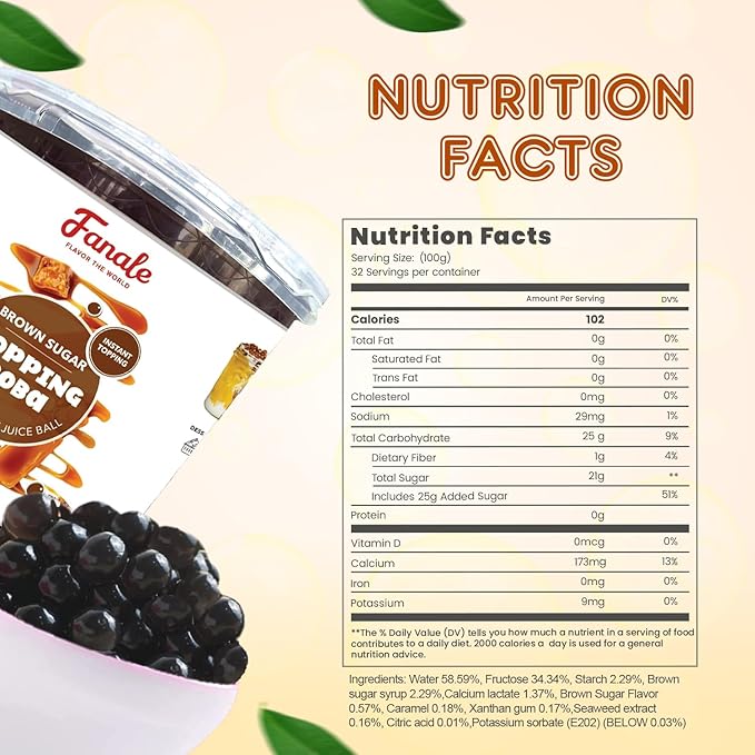 Fanale Brown Sugar Popping Boba Pearls, Vegan, Non GMO, Gluten Free, Fat Free, Perfect for Bubble Tea, Smoothies, Ice Cream, Desserts, and Beverages.