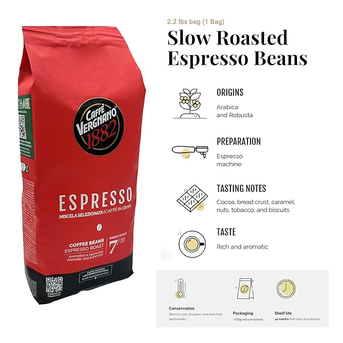 Caffe Vergnano 1882 Espresso Whole Bean Arabica Roast Coffee, 2.2 lb bag - Italian Medium Roast Coffee Beans with notes of Chocolate, Nuts & Caramel, Intensity 7/10-1000g Bag