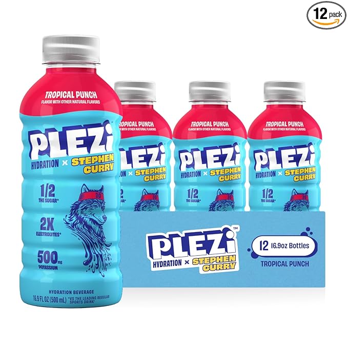 PLEZi Tropical Punch Hydration Drink x Stephen Curry - Sports Drinks with 2X Electrolytes - 500mg Potassium, Low Sugar, No Added Sugar - For Kids & Adults - 16.9 Fl Oz (12 Pack)
