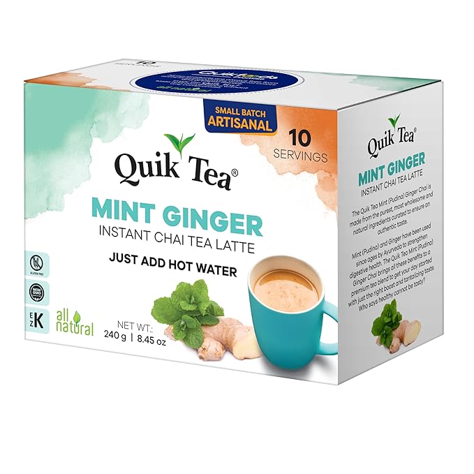 QuikTea Mint Ginger Chai Tea Latte – 10 Count, Bold Mint Ginger Flavor, No Preservatives – Just Add Hot Water