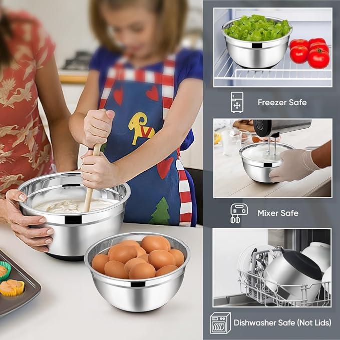 TeamFar Mixing Bowls with Lids Set, 7/3.5/2.5/1.5/1 QT, Stainless Steel Large Metal Salad Nesting Bowl, Non-Slip Silicone Bottom & Airtight Lid, Healthy & Deep - Set of 5(Black)