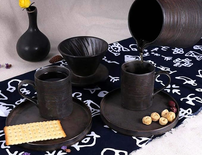 Handmade Stoneware Pour Over Drip Coffee Maker & Cups Set, Coffee Brewer Dripper Cone Filter, Coffee Decanter & Espresso Cups & Saucers Gift Set, Annular Veins Retro Metallic Glazed,16oz