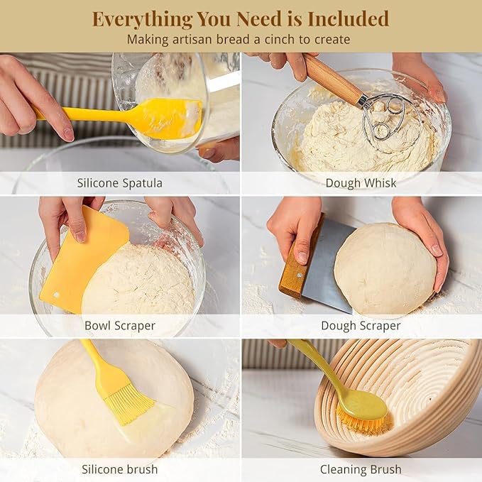 10 Inch Oval Banneton Bread Proofing Basket Sourdough Starter Kit, Sourdough Bread Baking Supplies with Bread Lame, Sling, Spatula, Scraper, Dough Whisk