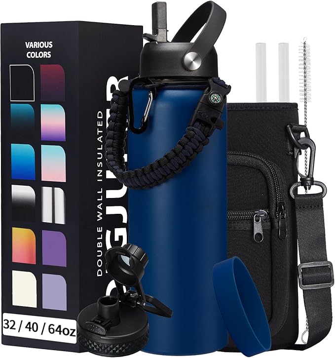 Water-Bottle Insulated 40oz with Straw - Carrying Pouch & Paracord Handle, Leakproof Thermo Metal Bottle Keep Cold 48H Hot 24H, Sport Canteen Stainless Steel Water Bottle for Indoor