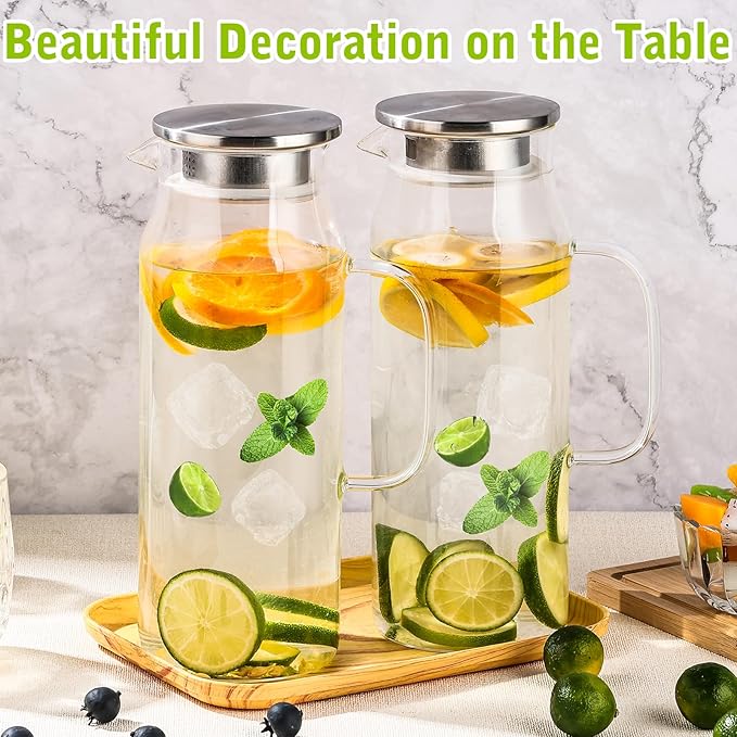 2 Pack 2L/68 oz Glass Pitcher with Lid and Handle,Square Water Pitchers for Fridge, Leak-Proof Spout,Large Ice Tea Jug for Hot/Cold Drinks, Ideal for Cold Brew, Juice, Iced Tea