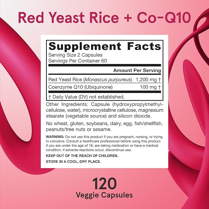 Jarrow Formulas Red Yeast Rice 1200 mg & Co-Q10 100 mg Per Serving - 120 Veggie Caps - 60 Servings - Herbal Heart Health Dietary Supplement - Supports Cardiovascular & Heart Health - Vegan