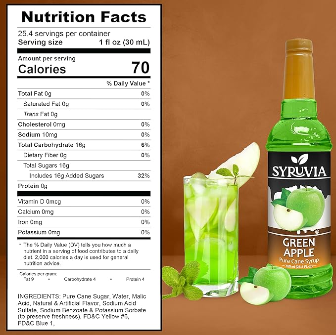 Syruvia Green Apple Syrup, Flavored Syrup for Drinks, Cocktails, Lemonades, Iced Teas, and Desserts – 25.4 fl oz, With Pump