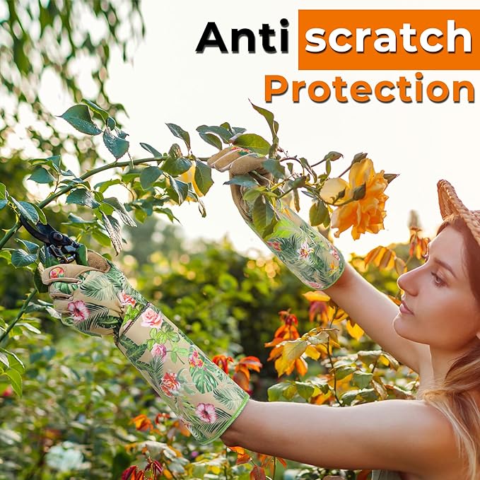 HANDLANDY Leather Gardening Gloves for Women, Scratch Resistant Breathable Ladies Rose Pruning Garden Gauntlet Yard Gloves, Gift for Gardeners (Khaki, XL)