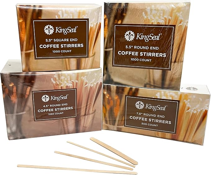 1000 Count | KingSeal Natural Birch Wood Coffee Beverage Stirrers, Stir Sticks, Waxing Sticks, Popsicle Sticks, 4.5 Inches, Round End - 1 Box of 1000 Stirrers