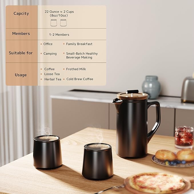 DHPO Ceramic French Press Coffee Maker, 22 Ounce Coffee Press Manual Brewer with Walnut Wood Lid, Premium Food Grade Stainless Steel Filter with Dual Screen for Coffee and Loose Tea, Gift Box, Black