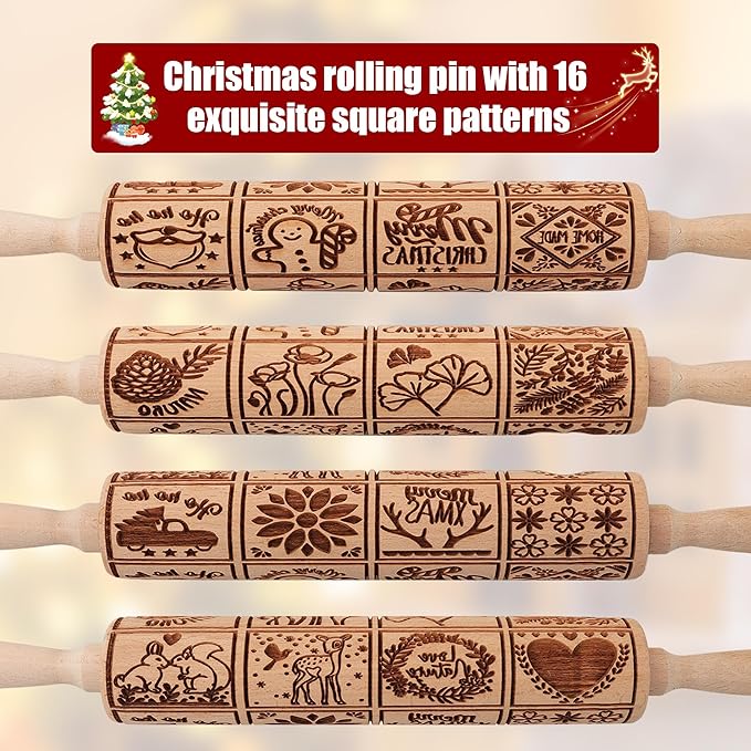 17" Premium Wood Rolling Pin with XMAS Embossed Designs | 3mm Deep Springerle Cookie Molds | Christmas Rolling Pin & Baking Gifts for Women | Includes 3-in-1 Cleaning Brush
