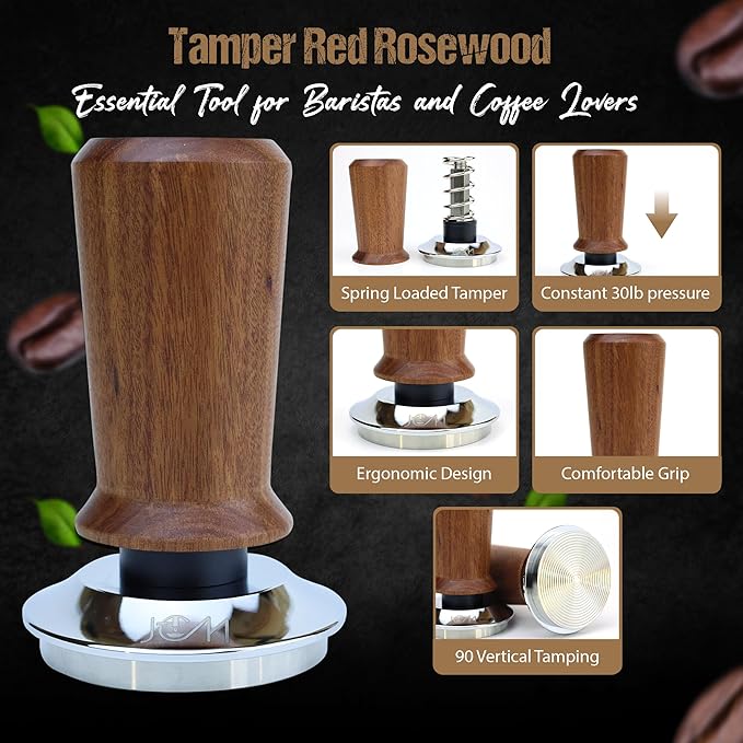 54mm Bottomless Portafilter 3 Ears Red Rosewood Handle Set – Fits 54mm Breville machines – Includes 18g Filter Basket, Updated Tamper with Constant 30lb Calibrated Spring Loaded & 1.7mm Puck Screen