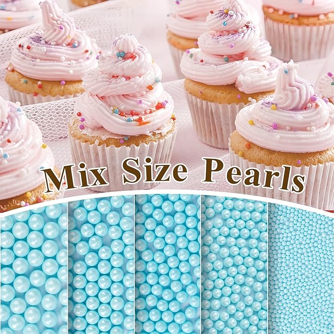 Twisweet Blue Pearl Sprinkles for Cake Decorating, Edible Baby Blue Sugar Sprinkles for Baking, Mix Size, Cake Topper Cupcake Cookie Ice Cream Dessert Decorations, Baby Shower Birthday Frozen Winter Supplies (130g/4.58oz)