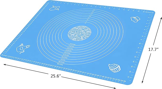 Silicone Baking Mat for Rolling Pastry Dough with Measurements, 25.6" x 17.7" BPA Free Non stick and Non Slip Blue Table Sheet Baking Supplies for Bake Pizza Cake