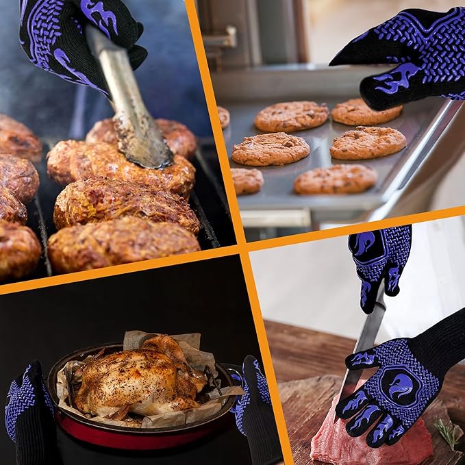 BBQ Fireproof Gloves, Grill Cut-Resistant Gloves 1472°F Heat Resistant Gloves, Non-Slip Silicone Oven Gloves, Kitchen Safe Cooking Gloves for Oven Mitts,Barbecue,Cooking, Frying,13.5 Inch-Blue