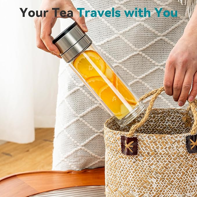 COMI Tea Bottle with Infuser,Double-Wall Glass Travel Mug with One Click Open Lid, Leak Proof Tea Infuser Bottle for Loose Leaf, Fruit & Flower Infused Drinks, Heat & Cold Resistant, Tea Gift Set