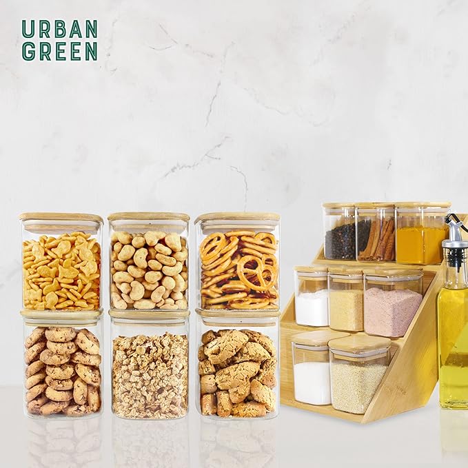 Urban Green Glass Jars with Bamboo Lids, Square Glass Jar with airtight lids, 6 pack of 28oz, Food Storage Containers with bamboo lids, Panty Jars